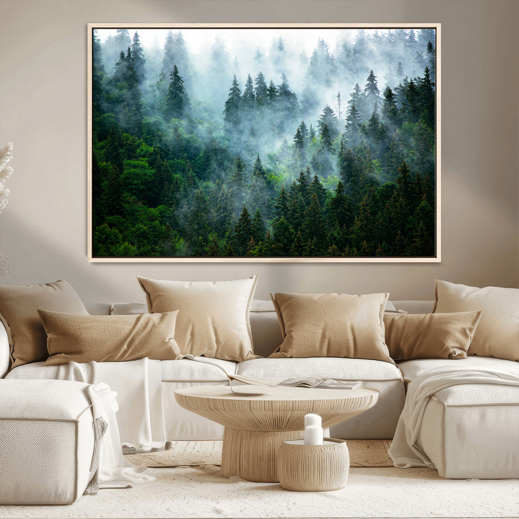 Misty Forest Wall Art Canvas Print, Framed Foggy Mountain Art, Large Scenic Woodland Canvas