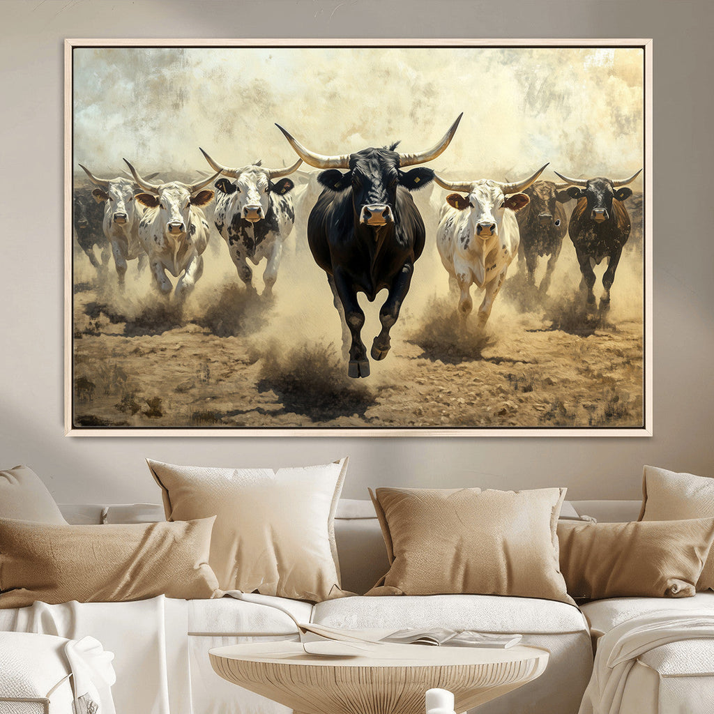 Texas Longhorn Wall Art | Framed Charging Cattle Canvas