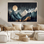 Moonlit Mountain Wall Art Canvas Print, Framed Silhouetted Pines Art, Layered Peaks Rustic Decor