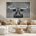 Texas Longhorn Wall Art Canvas Print, Framed Western Bull Photography, Rustic Log Cabin Decor