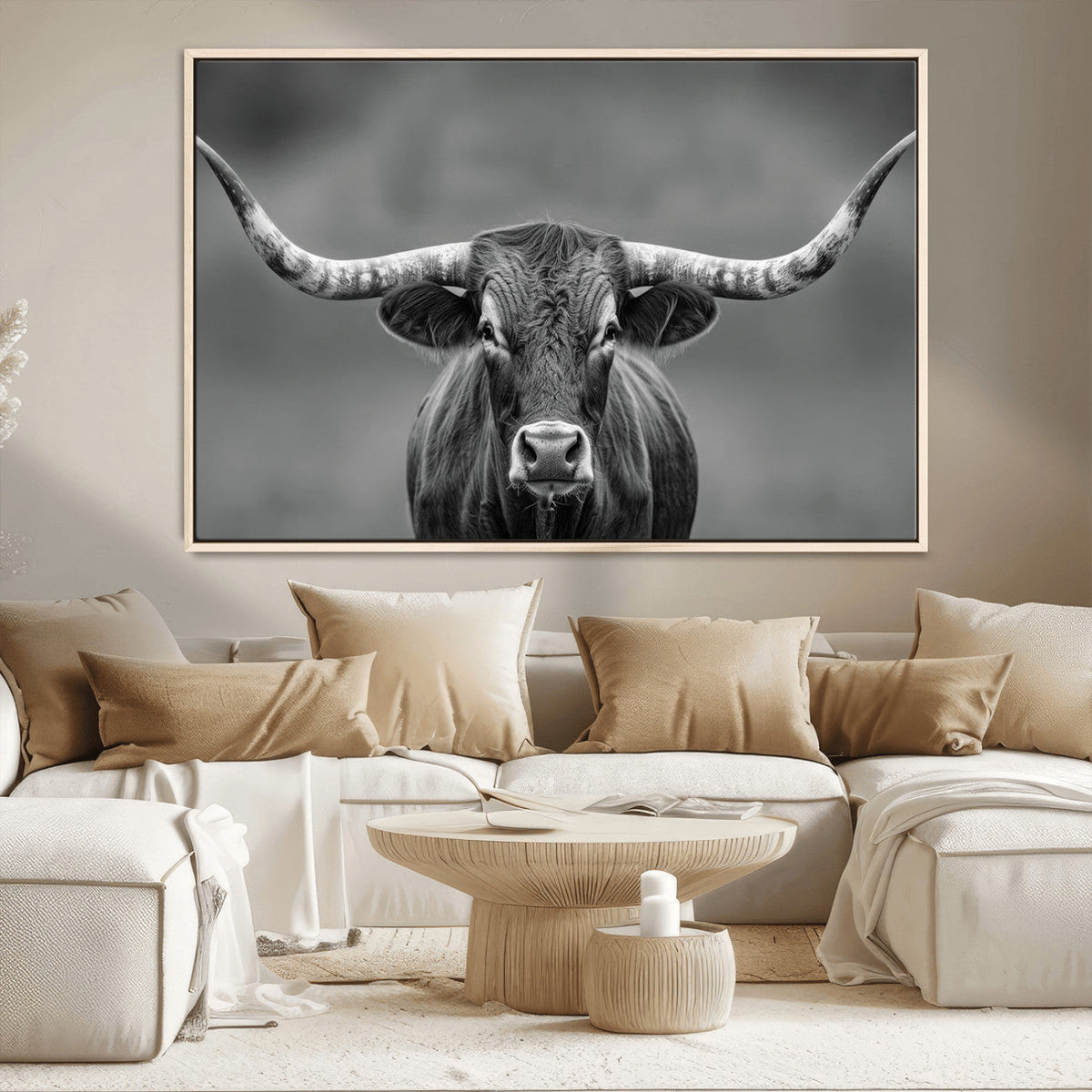 Texas Longhorn Wall Art Canvas Print, Framed Western Bull Photography, Rustic Log Cabin Decor
