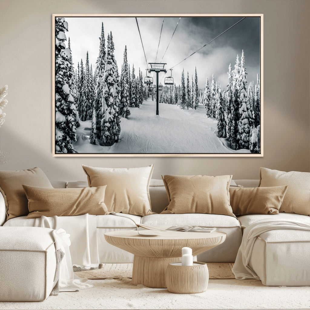 Snowy Pines Wall Art Canvas Print | Ski Lift in a Winter Forest