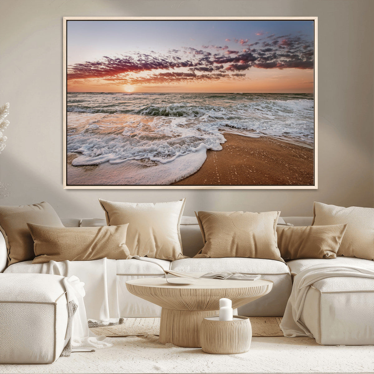 Ocean Sunset Wall Art Canvas Print | Sandy Shore and Gentle Waves