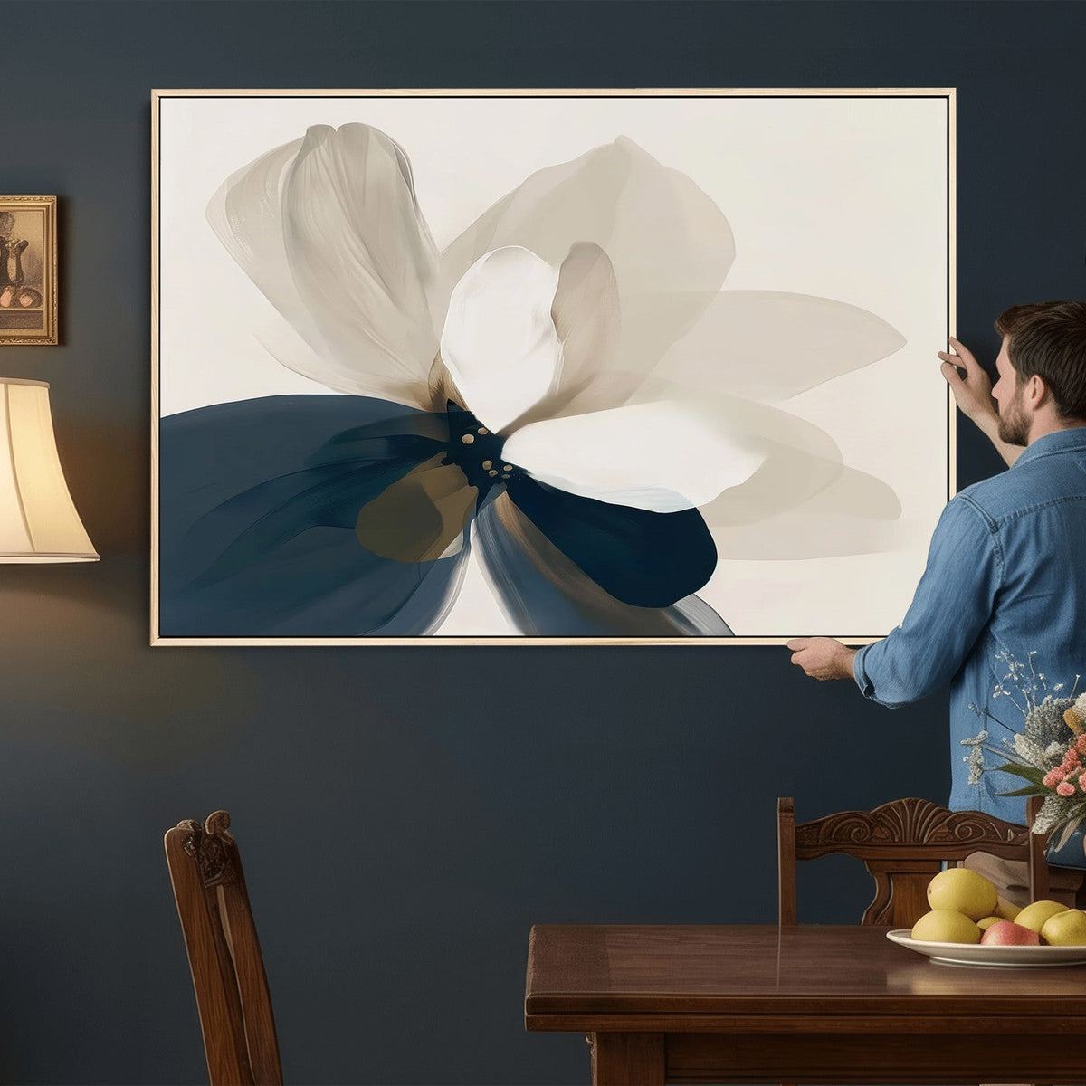 Minimal Flower Wall Art Canvas Print | Framed Beige and Navy Bloom