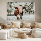 Texas Longhorn Wall Art Canvas Print | Framed Spotted Brown and White Bull