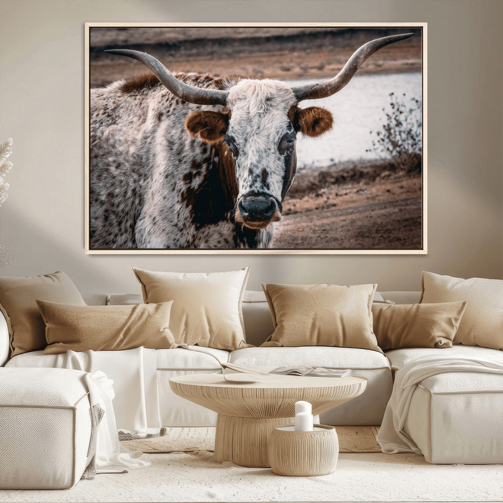 Texas Longhorn Wall Art Canvas Print | Framed Brown and White Spotted Longhorn
