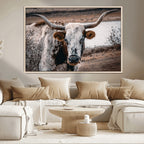 Texas Longhorn Wall Art Canvas Print | Framed Brown and White Spotted Longhorn