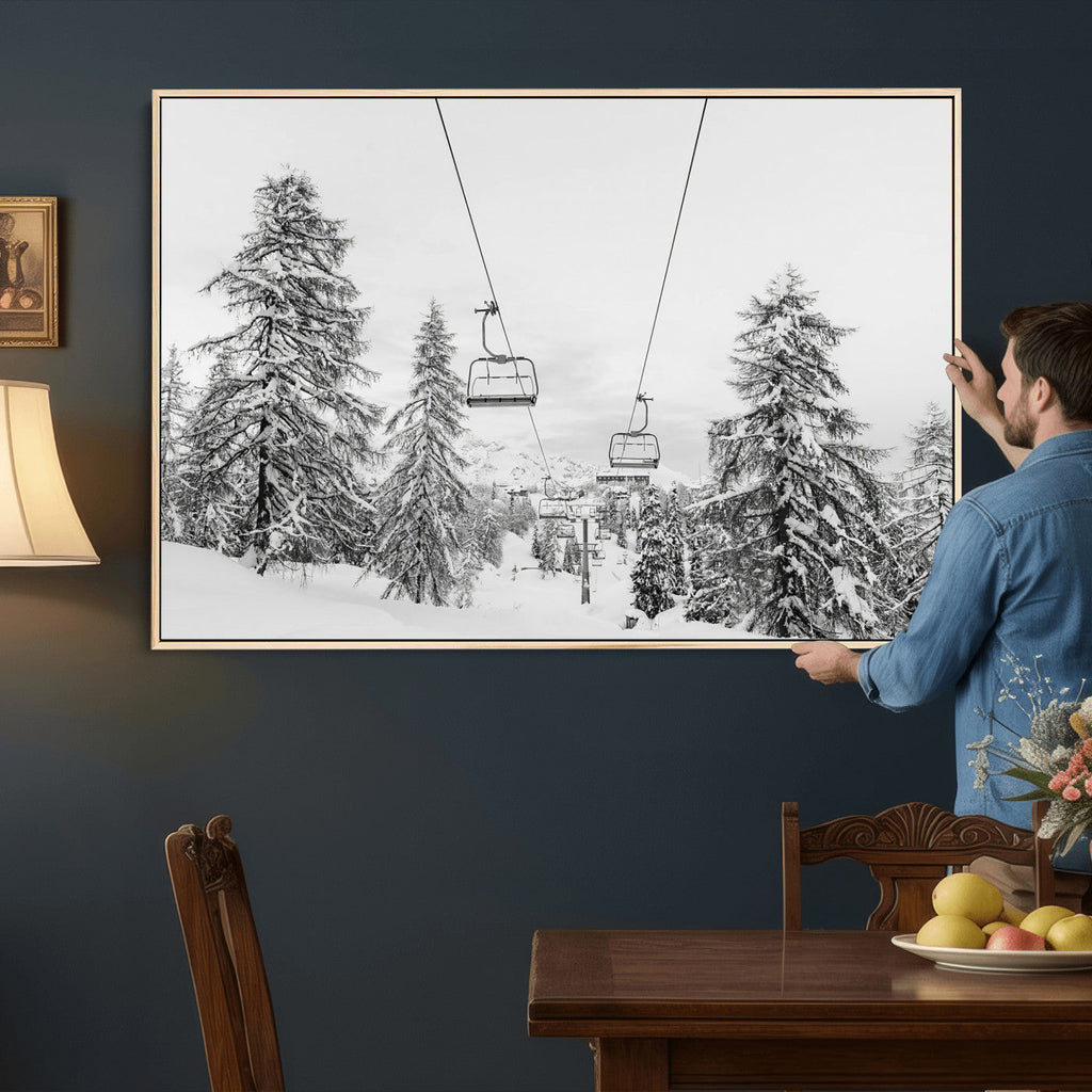 Ski Lift Wall Art | Framed Snowy Mountain Canvas Artwork