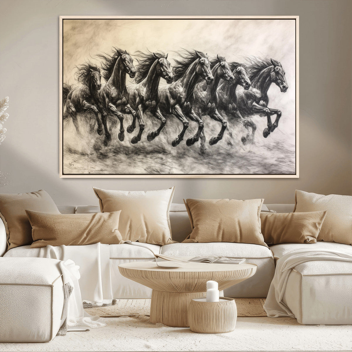 Running Horses Wall Art Canvas Print, Framed Monochrome Galloping Herd Sketch