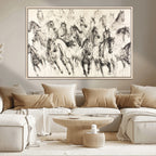 Abstract Horse Wall Art Canvas Print, Framed Horse Sketch with Galloping Herd