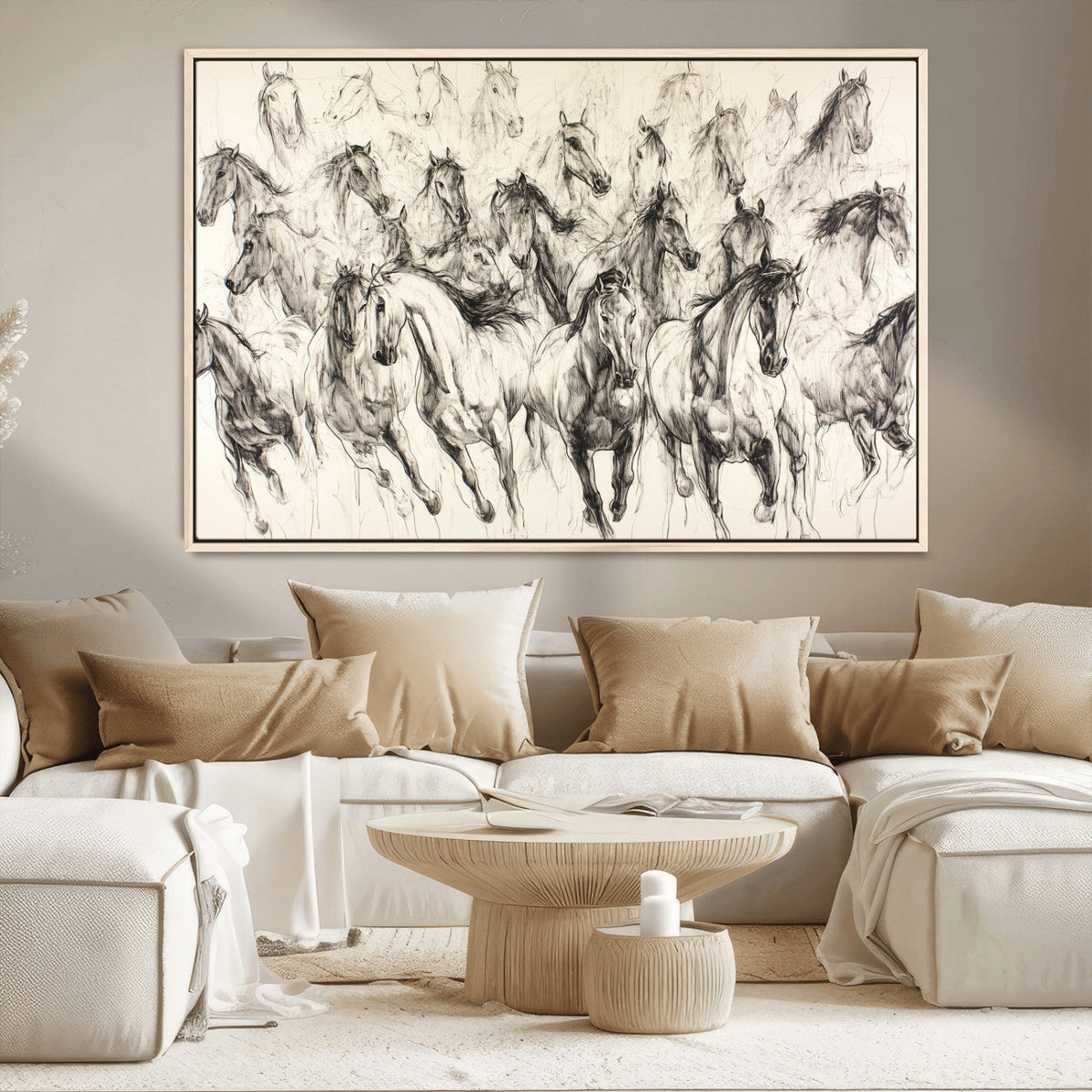 Abstract Horse Wall Art Canvas Print, Framed Horse Sketch with Galloping Herd