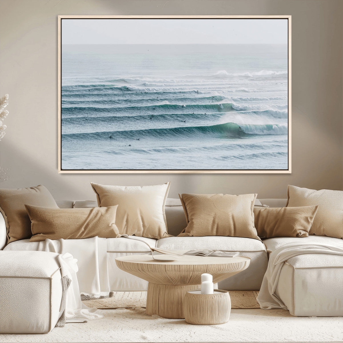 Ocean Waves Wall Art Canvas Print, Framed Surfer Lineup on a Crowded Ocean