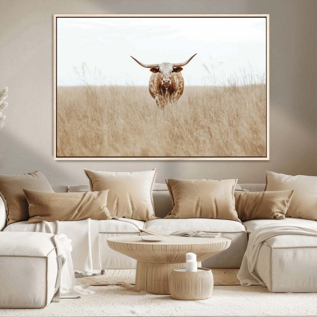 Texas Longhorn Wall Art Canvas Print, Framed Lone Cattle and Longhorn Bull Scene