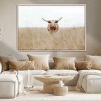 Texas Longhorn Wall Art Canvas Print, Framed Lone Cattle and Longhorn Bull Scene