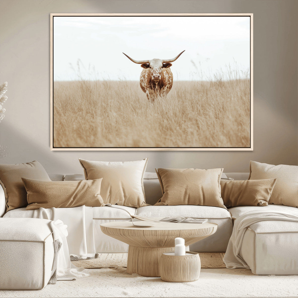 Texas Longhorn Wall Art Canvas Print, Framed Lone Cattle and Longhorn Bull Scene