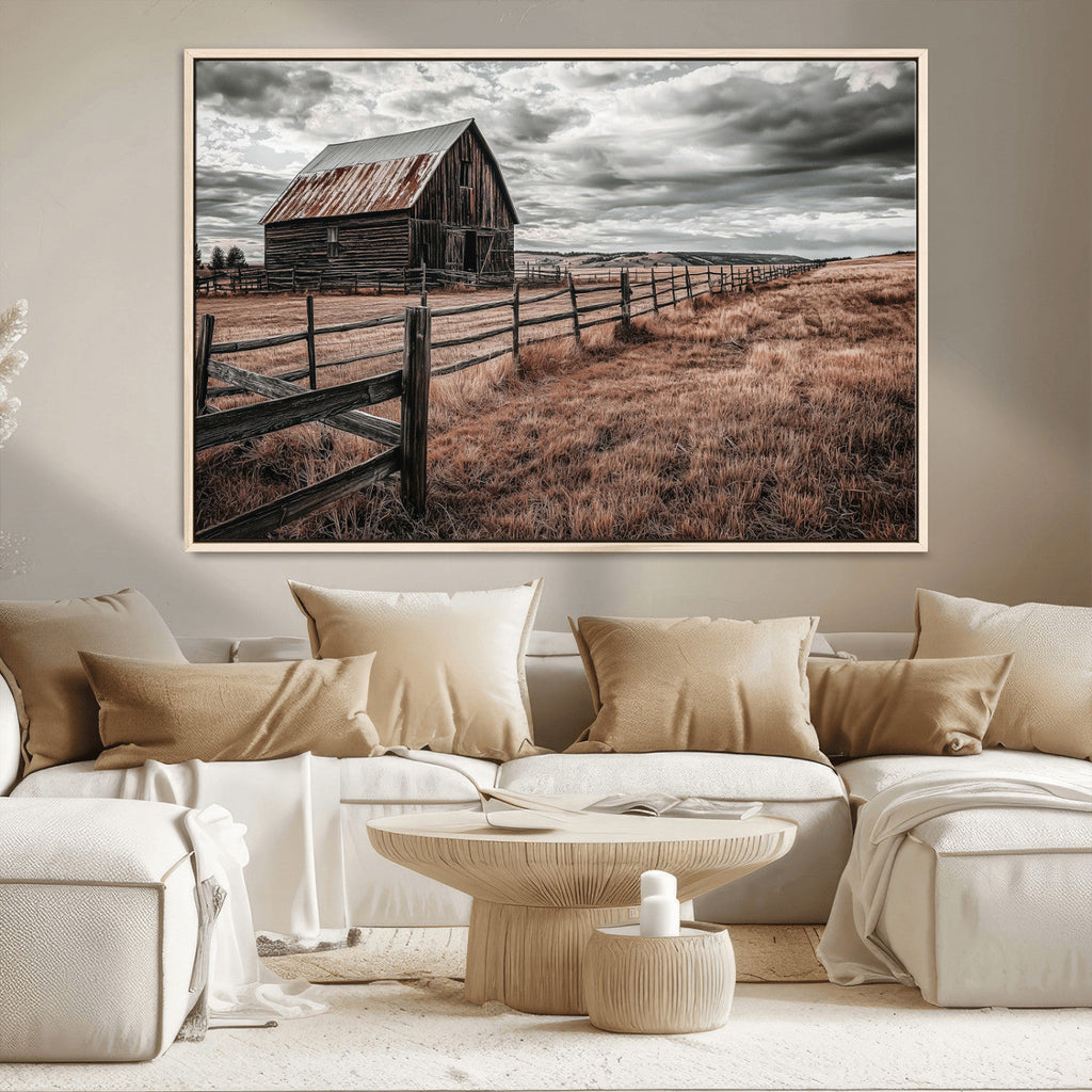 Rustic Barn Wall Art Canvas Print, Framed Moody Field Scene