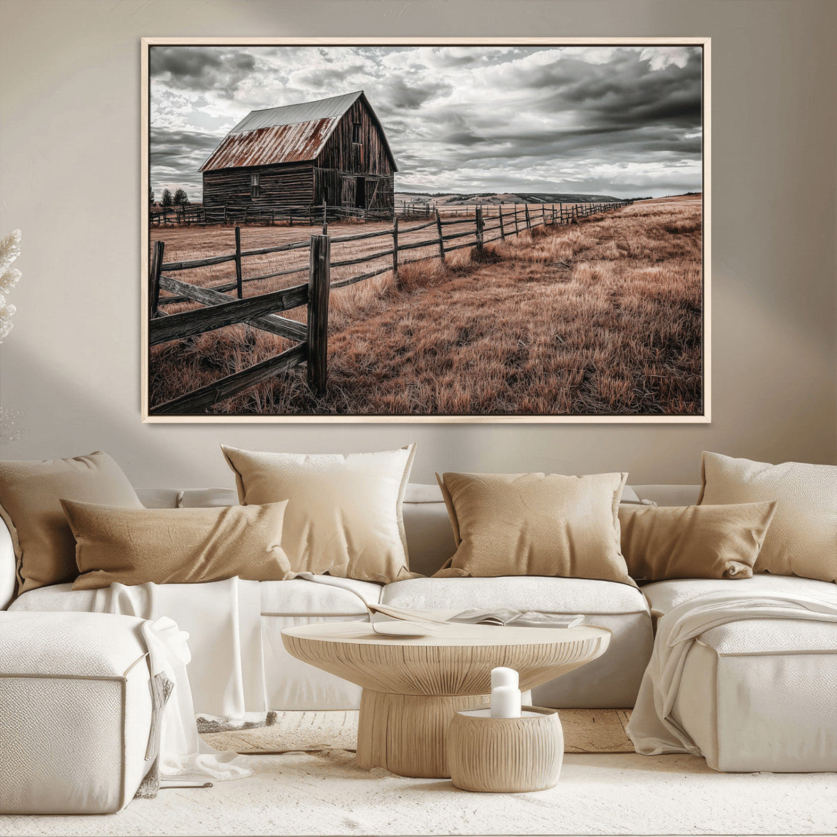 Rustic Barn Wall Art Canvas Print, Framed Moody Field Scene
