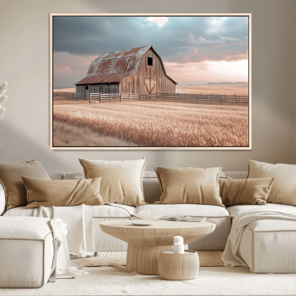Rustic Barn Wall Art Canvas Print, Framed Wheat Field Scene