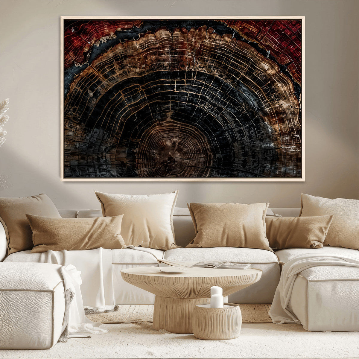Dark Wood Ring Wall Art Canvas Print, Framed Abstract Tree Slice Print, Rustic Wood Grain Decor