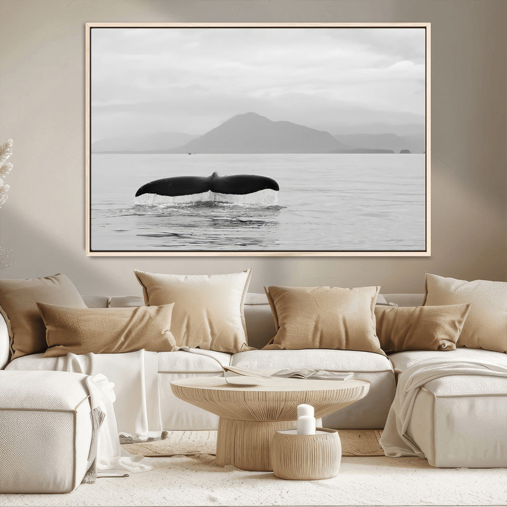 Whale Tail Wall Art | Framed Black White Ocean Canvas