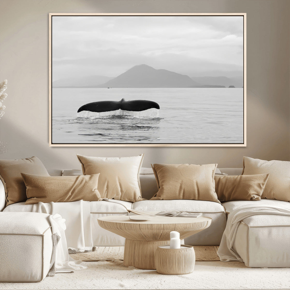 Whale Tail Wall Art | Framed Black White Ocean Canvas
