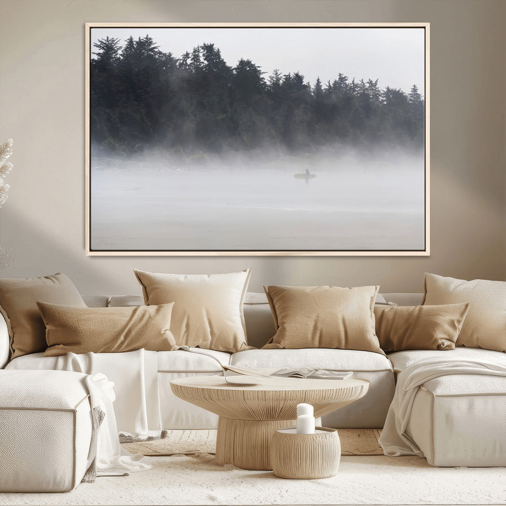 Surfer Fog Wall Art Canvas Print, Framed Foggy Beach and Coastal Surf Scene