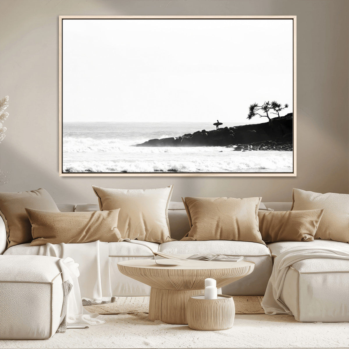 Surfer Cliffs Wall Art Canvas Print, Framed Black White Beach and Ocean Waves
