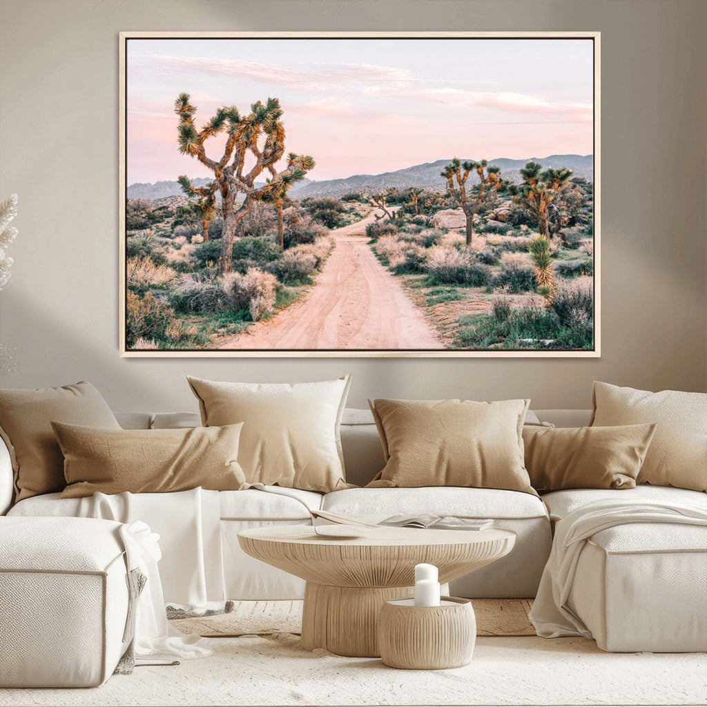 Joshua Tree Wall Art Canvas Print, Framed Desert Road Scene at Sunset