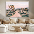 Joshua Tree Wall Art Canvas Print, Framed Desert Road Scene at Sunset