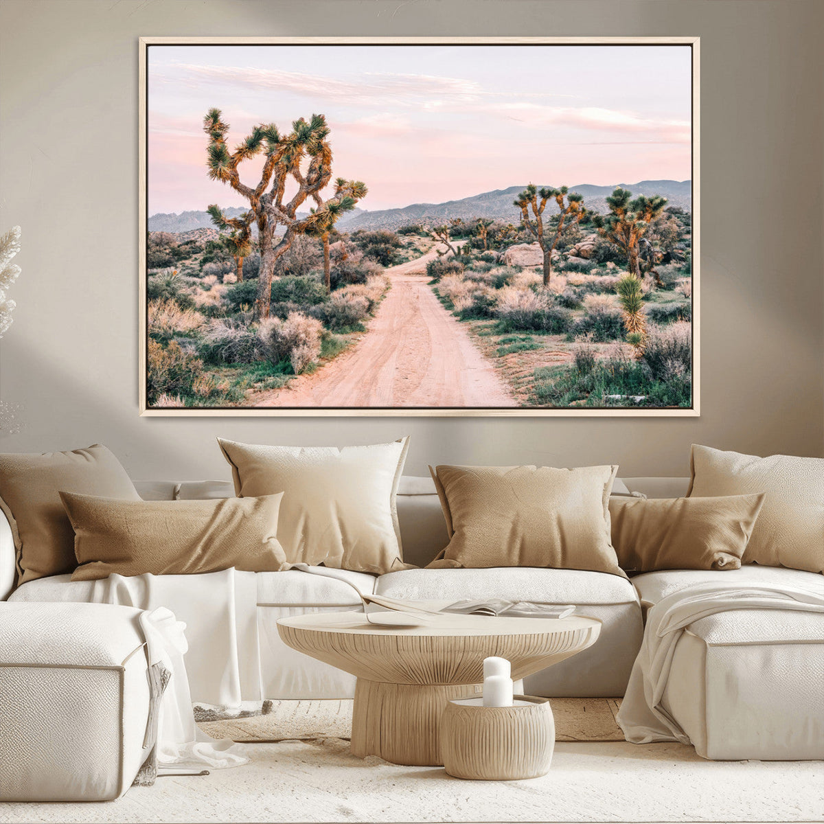Joshua Tree Wall Art Canvas Print, Framed Desert Road Scene at Sunset