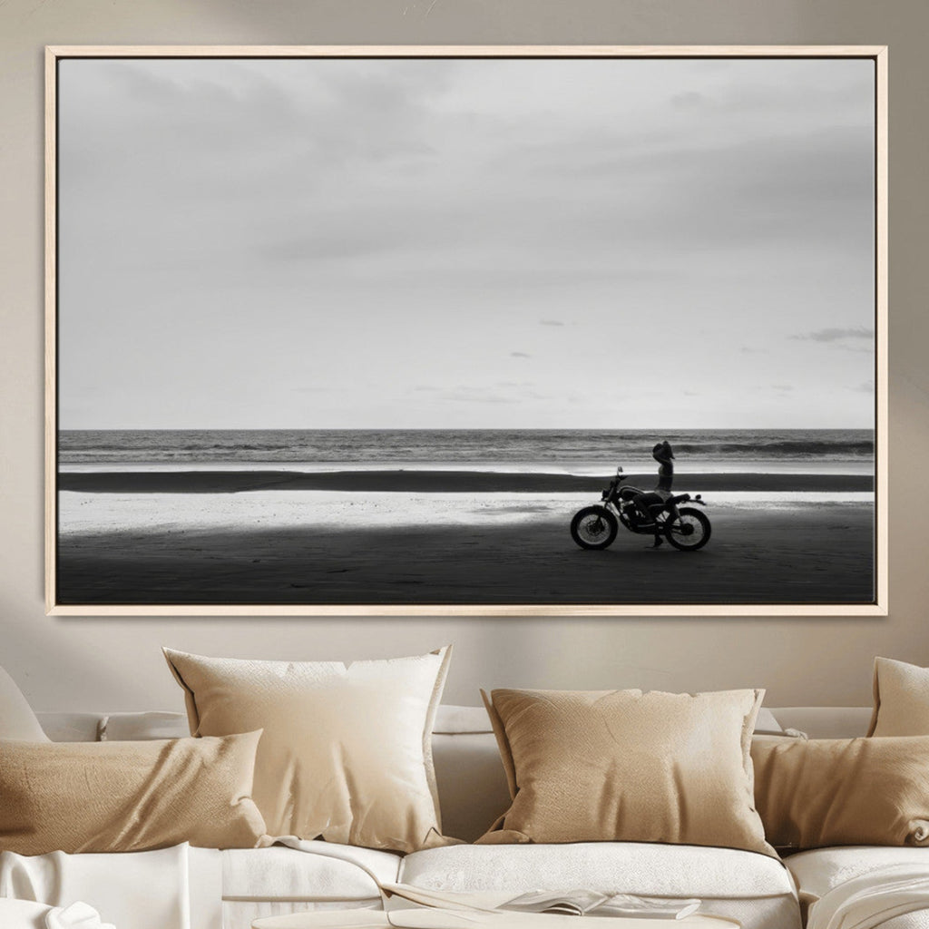 Motorcycle Beach Wall Art Canvas Print, Framed Vintage Motorcycle and Biker Silhouette