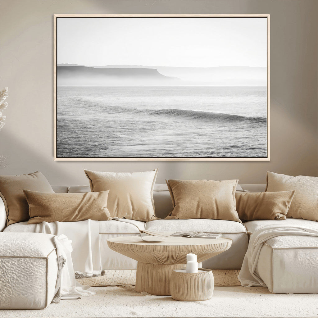 Black and White Seascape Wall Art Canvas Print, Framed Misty Ocean Waves