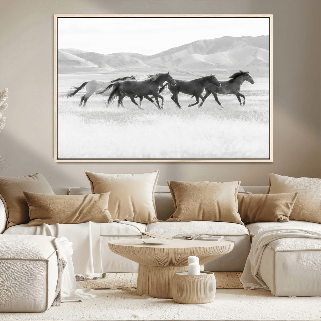 Wild Horses Running Wall Art Canvas Print, Framed Black White Mustangs Artwork