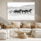 Wild Horses Running Wall Art Canvas Print, Framed Black White Mustangs Artwork