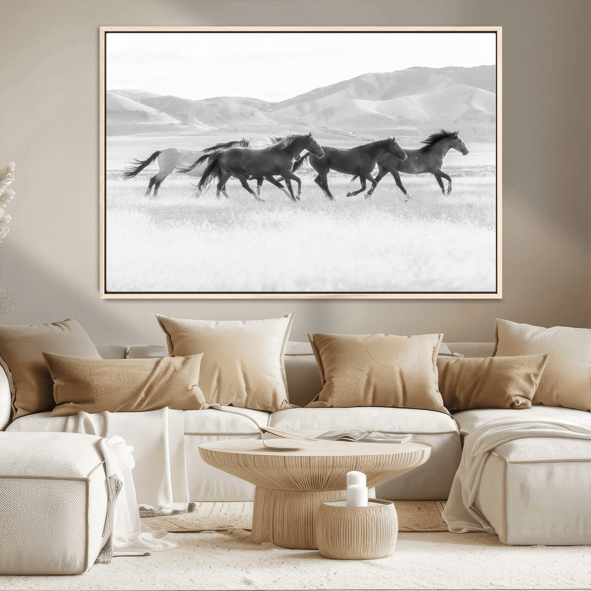 Wild Horses Running Wall Art Canvas Print, Framed Black White Mustangs Artwork