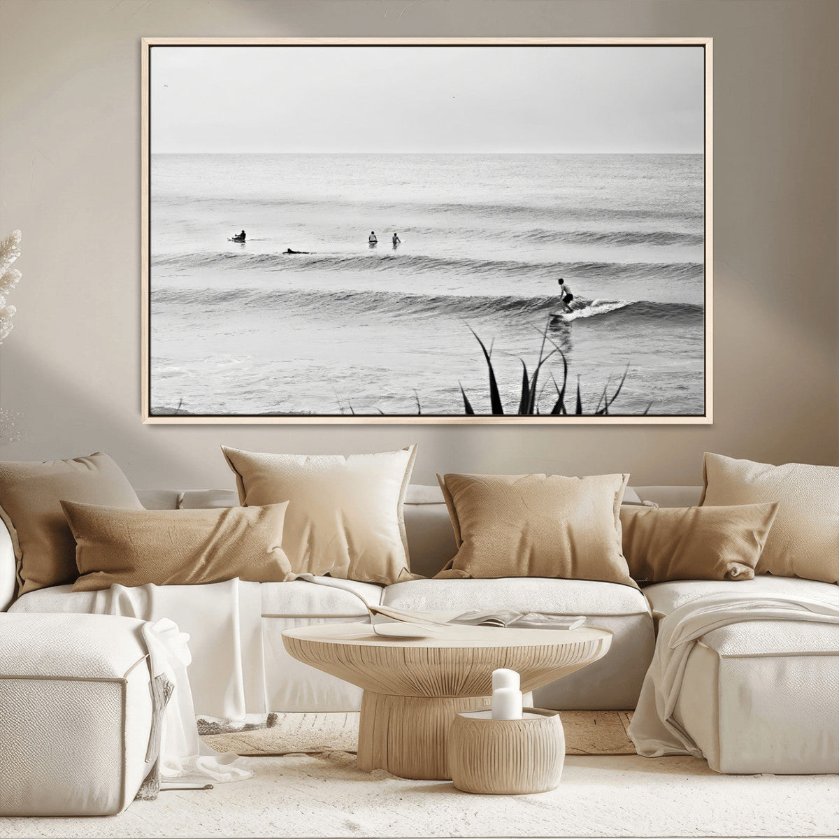 Surfer Silhouette Wall Art Canvas Print, Framed Calm Ocean Monochrome Surf