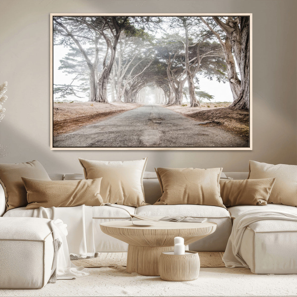 Cypress Tunnel Wall Art | Framed Misty Road Canvas Artwork