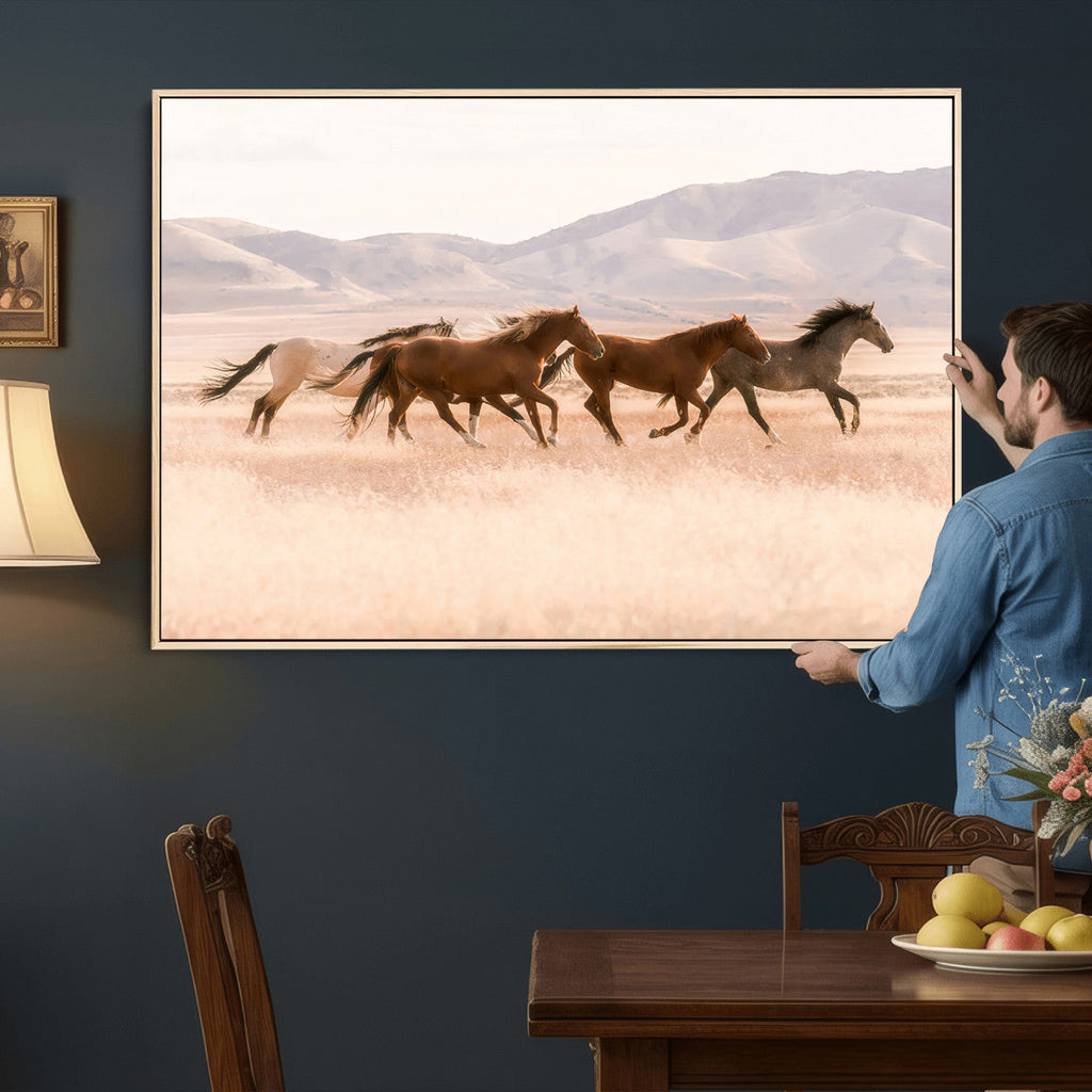 Wild Horse Wall Art Canvas Print, Framed Rustic Western Art, Desert Horse Scene