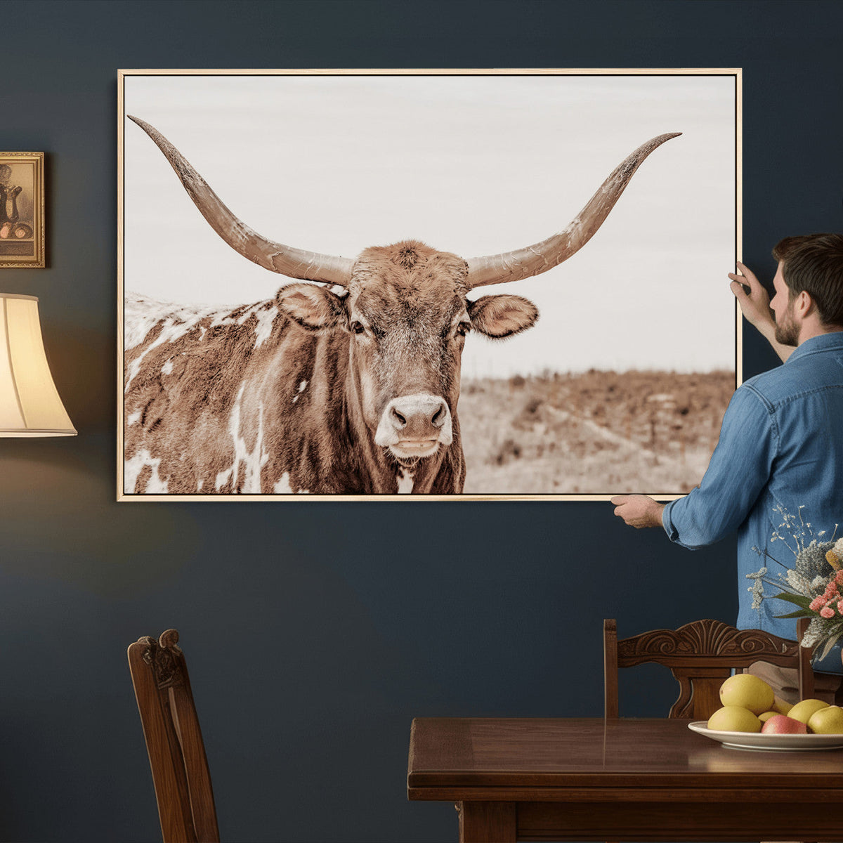 Longhorn Cow Wall Art Canvas Print, Framed Texas Ranch Print, Western Bull Art, Cowboy Decor