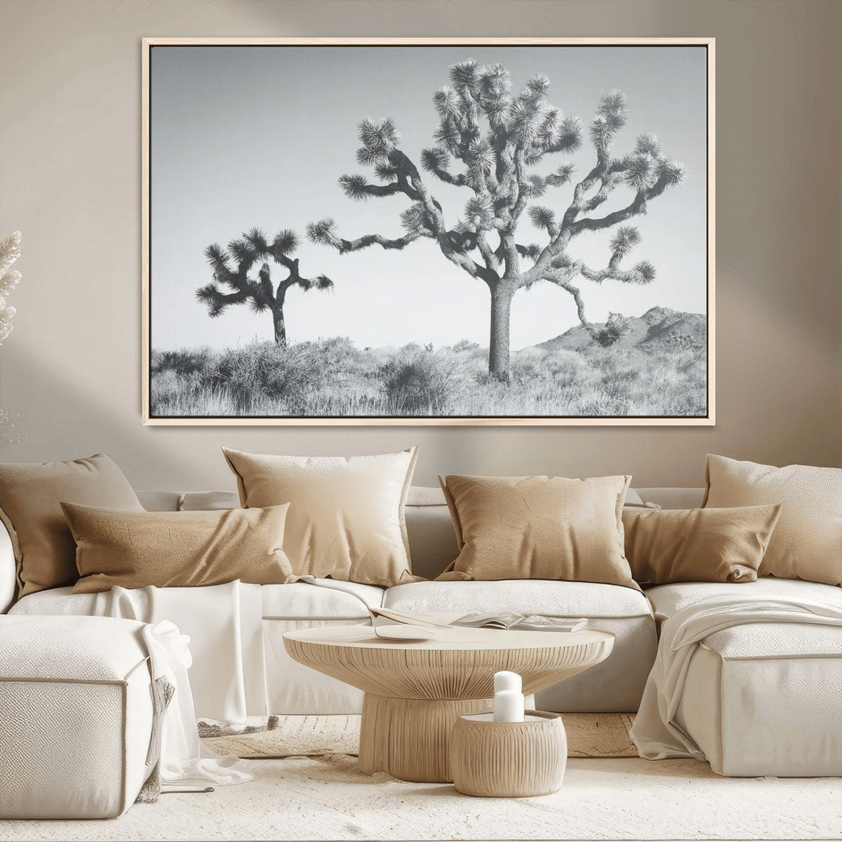 Joshua Tree Wall Art Canvas Print, Framed Black and White Desert Landscape Artwork