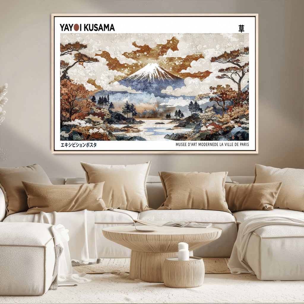 Modern Japanese Wall Art Canvas Print, Framed Abstract Mount Fuji Landscape, Yayoi Kusama Canvas Wall Art
