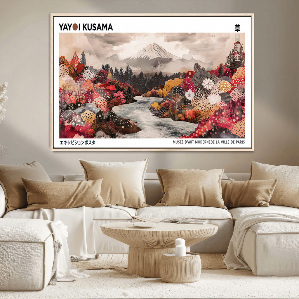 Modern Japanese Wall Art Canvas Print, Framed Abstract Mount Fuji Art, Yayoi Kusama Japanese Landscape