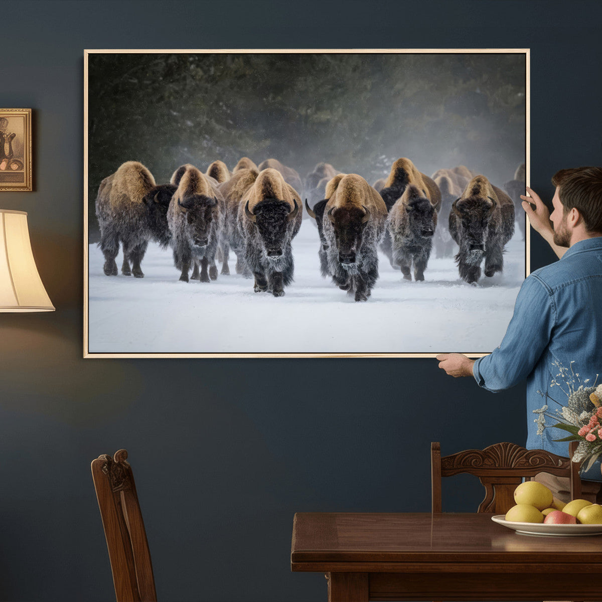 Bison Herd Wall Art Canvas Print, Framed Rustic Wildlife Decor, Snowy Bison Landscape