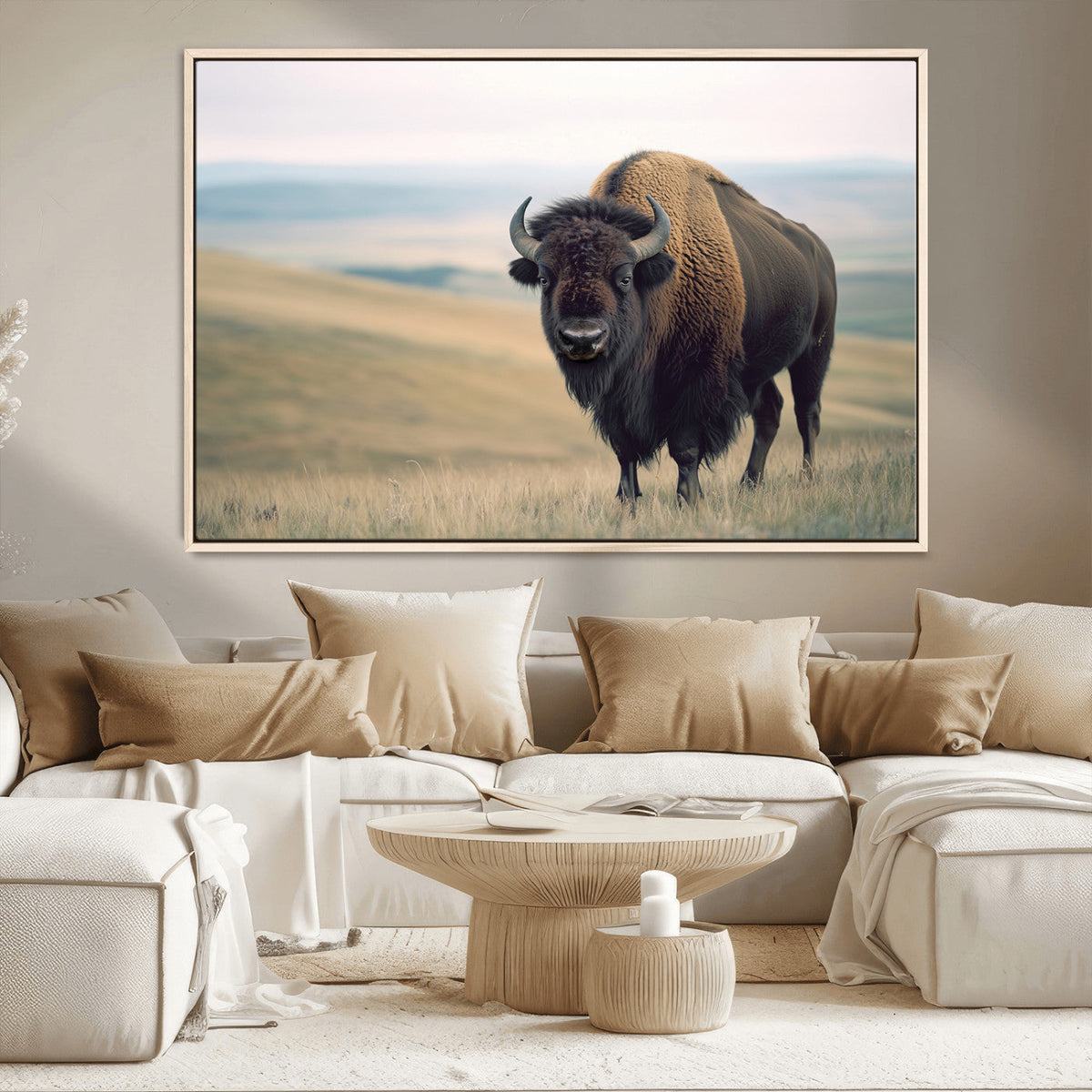 Bison Wall Art Canvas Print, Framed American Buffalo Rustic Western Artwork