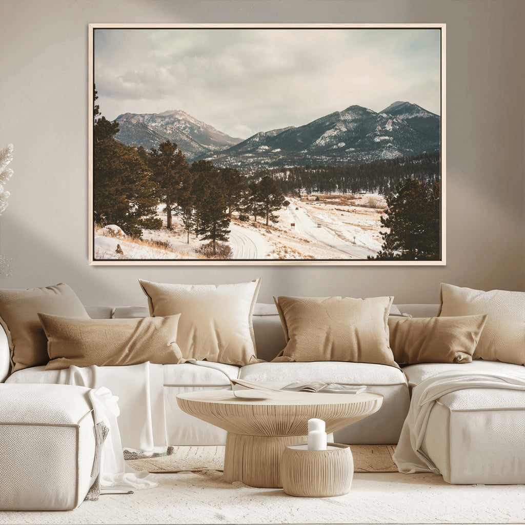 Mountain Landscape Wall Art Canvas Print, Framed Snowy Peaks Alpine Winter