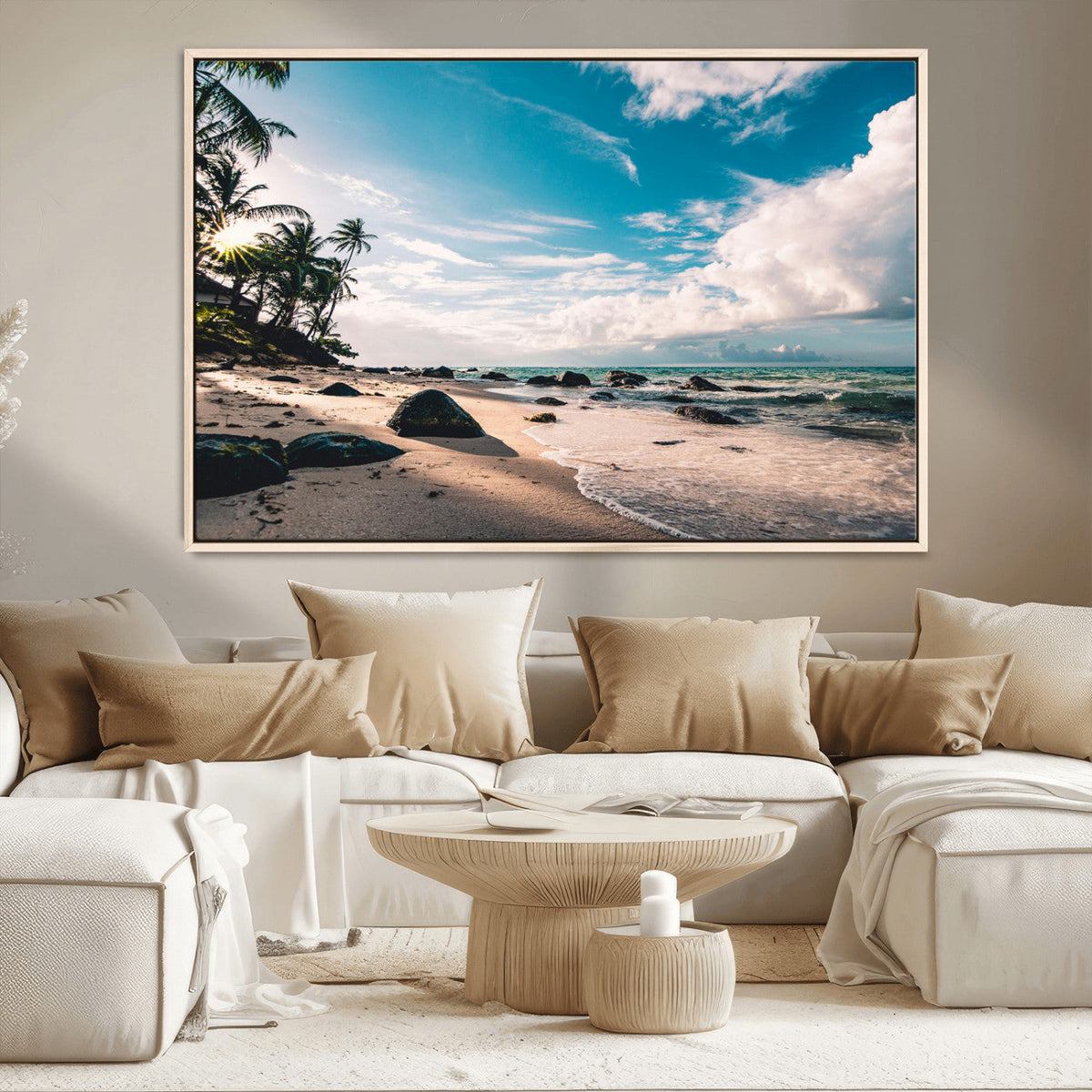 Tropical Beach Wall Art Canvas Print, Framed Ocean Waves Relaxing Seascape