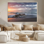 Golden Hour Wall Art Canvas Print, Framed Tranquil Waves Beach Sunset