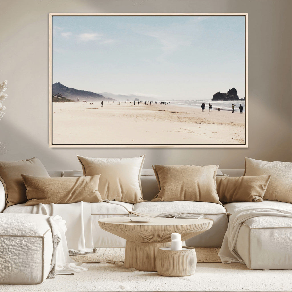 Minimalist Beach Wall Art Canvas Print, Framed Coastal Serenity Soft Sand