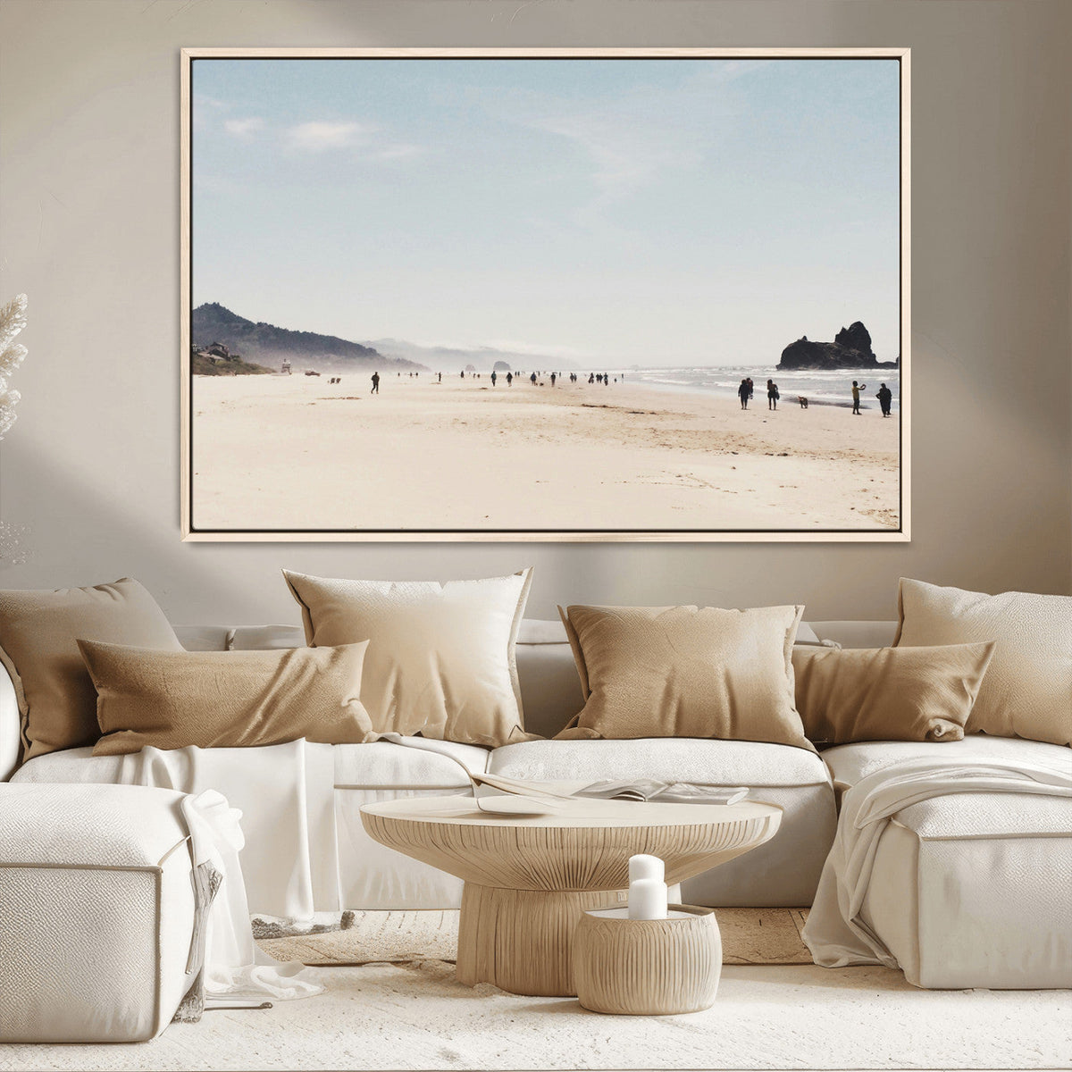 Minimalist Beach Wall Art Canvas Print, Framed Coastal Serenity Soft Sand