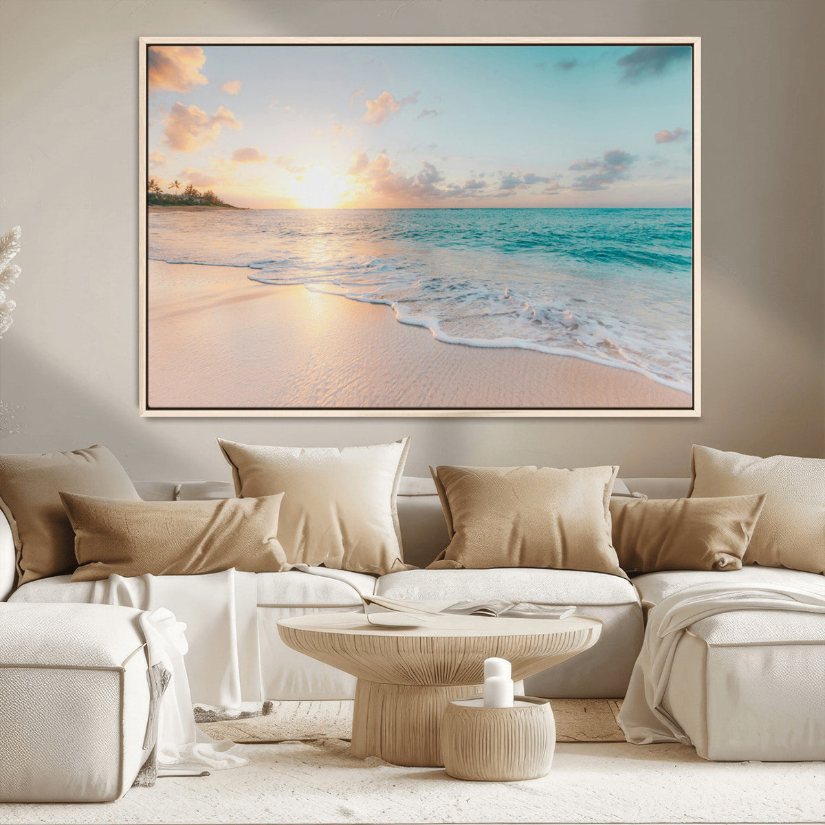 Beach Sunset Wall Art Canvas Print, Framed Ocean Waves Summer Escape